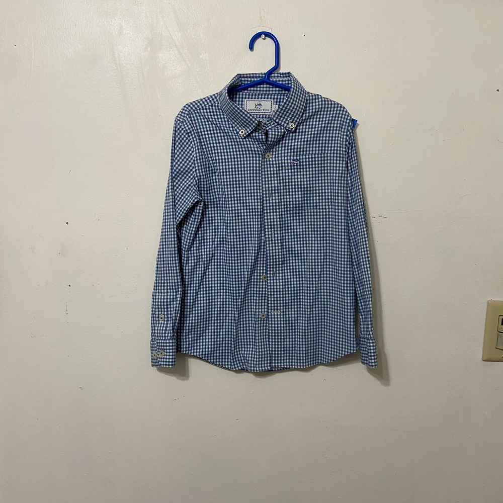 Southern Tide Kids Intercoastal Gingham Button Down Shirt Size S 6-7 Blue‎ White